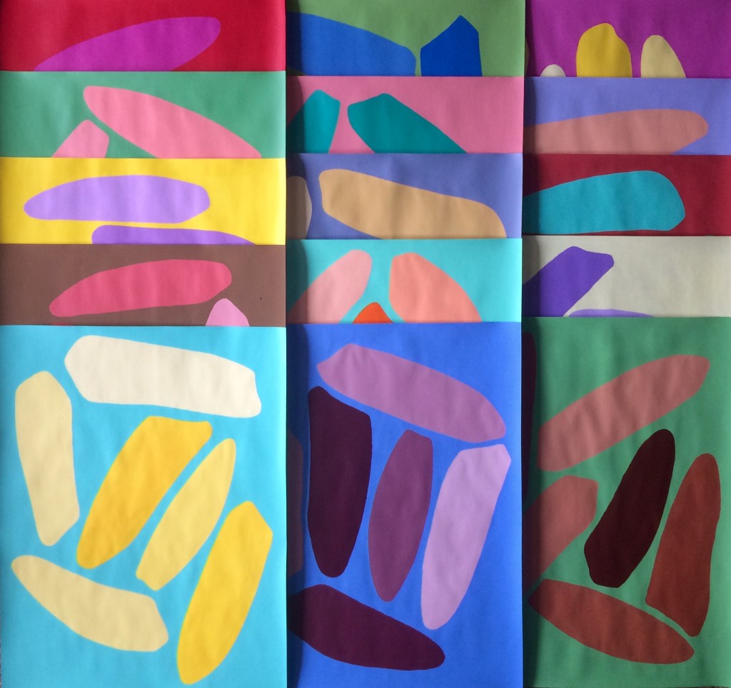 Cette série a été débutée en septembre 2023 et j’ai pour projet de la poursuivre. 
J’utilise un rituel et une mise en œuvre très simples. Sur un papier format raisin, j’organise les formes de grains de riz dessinées puis découpées et me promène ensuite dans le monde des accords colorés. 
Le changement d’échelle des grains qui de minuscules passent à majuscules évoque le conte d’ Alice aux pays des merveilles et son gâteau « eat me ». 
Mon grand voyage en « absurdie » continue. 
Acrylique sur papier 65X50 